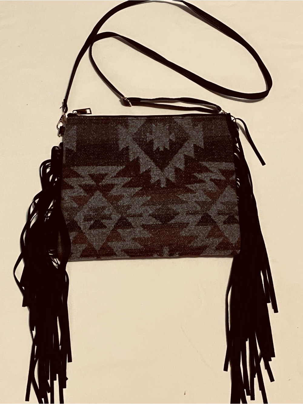 Southwestern Aztec Fringe Crossbody Purse – Black & Gray Boho Shoulder Bag